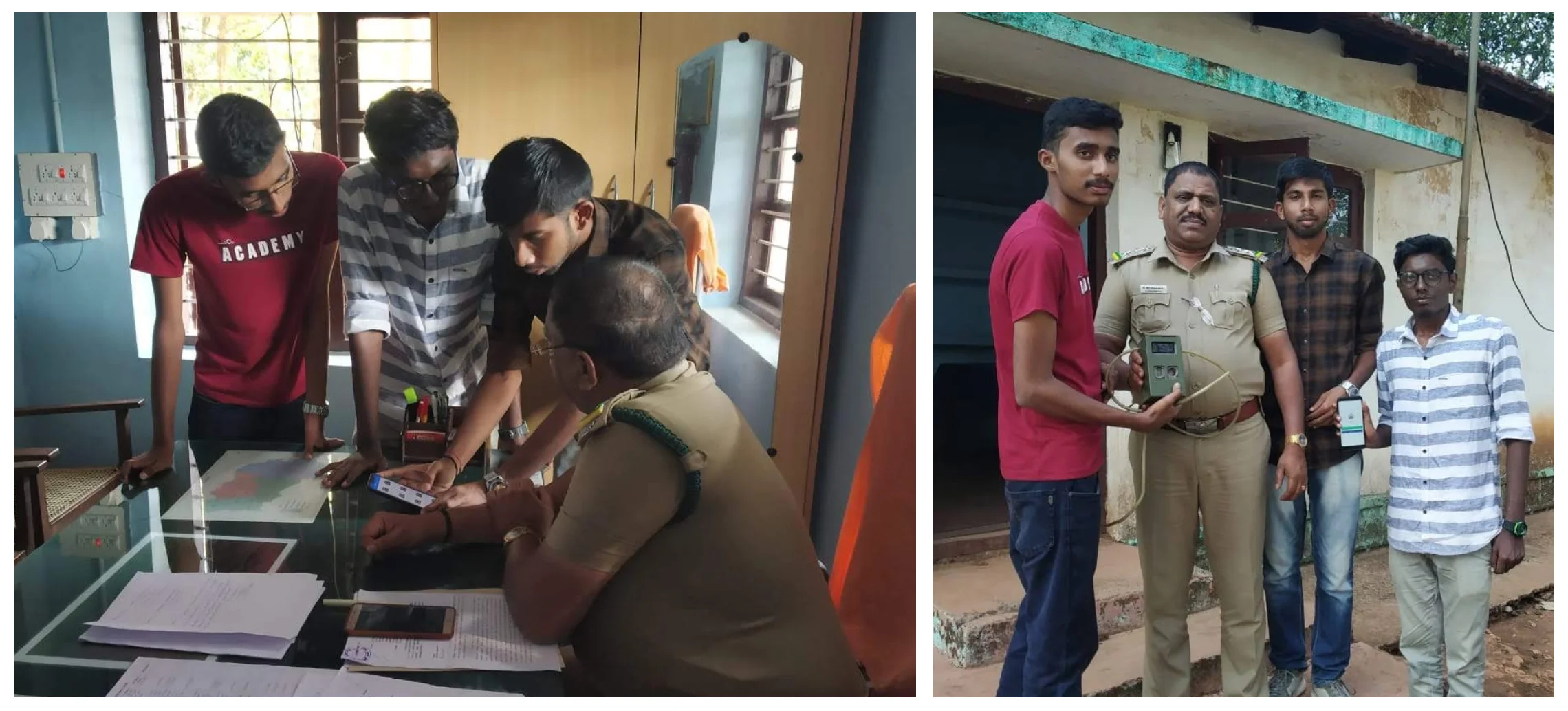 Collage of two images. In the left image, three young adults are demonstrating the use of an app to a forest official, with various papers and mobile devices spread out on the table. The right image shows the same group outdoors, proudly displaying a camera prototype and the mobile app, representing the final outcome of their efforts.