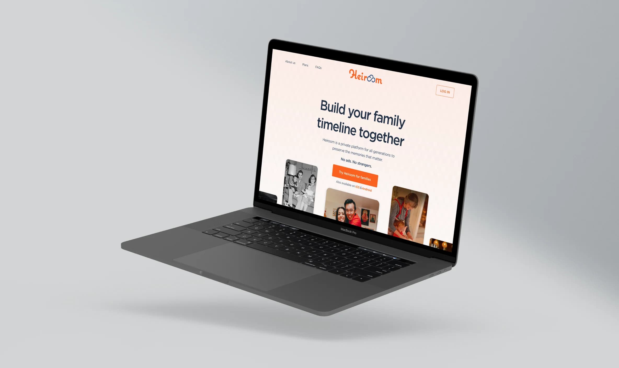 Heiroom landing page on a laptop mockup.