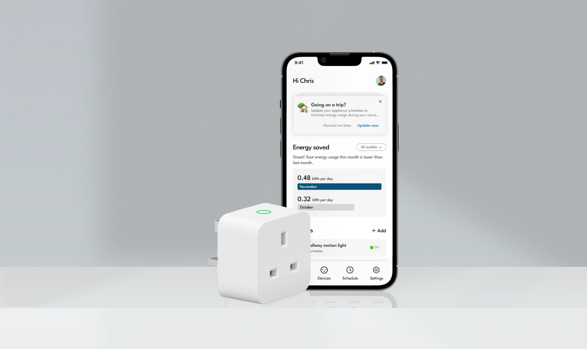 EWise mobile app and smart plug product mockup.